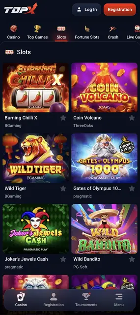 Pantalla de TopX: categoría de tragamonedas con títulos de BGaming y Pragmatic Play
